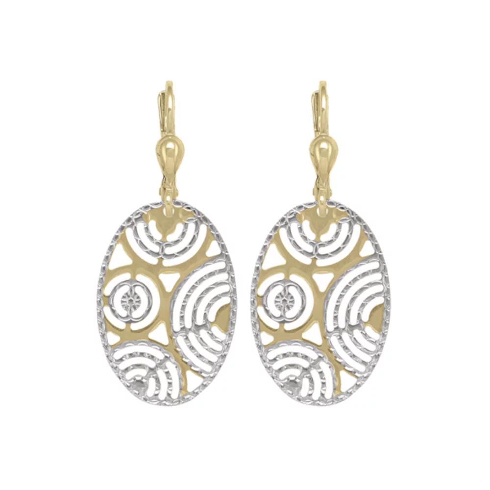 14K Gold and Silver Oval Shaped Fashion Drop Earrings