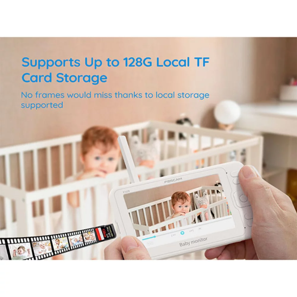 Moniteur pour bébé Foscam avec caméra à inclinaison, panoramique et zoom à distance et écran LCD de 5 pouces