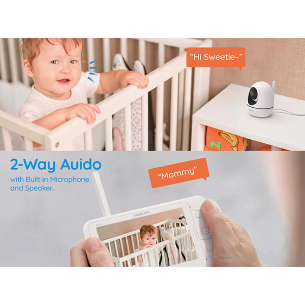 Moniteur pour bébé Foscam avec caméra à inclinaison, panoramique et zoom à distance et écran LCD de 5 pouces
