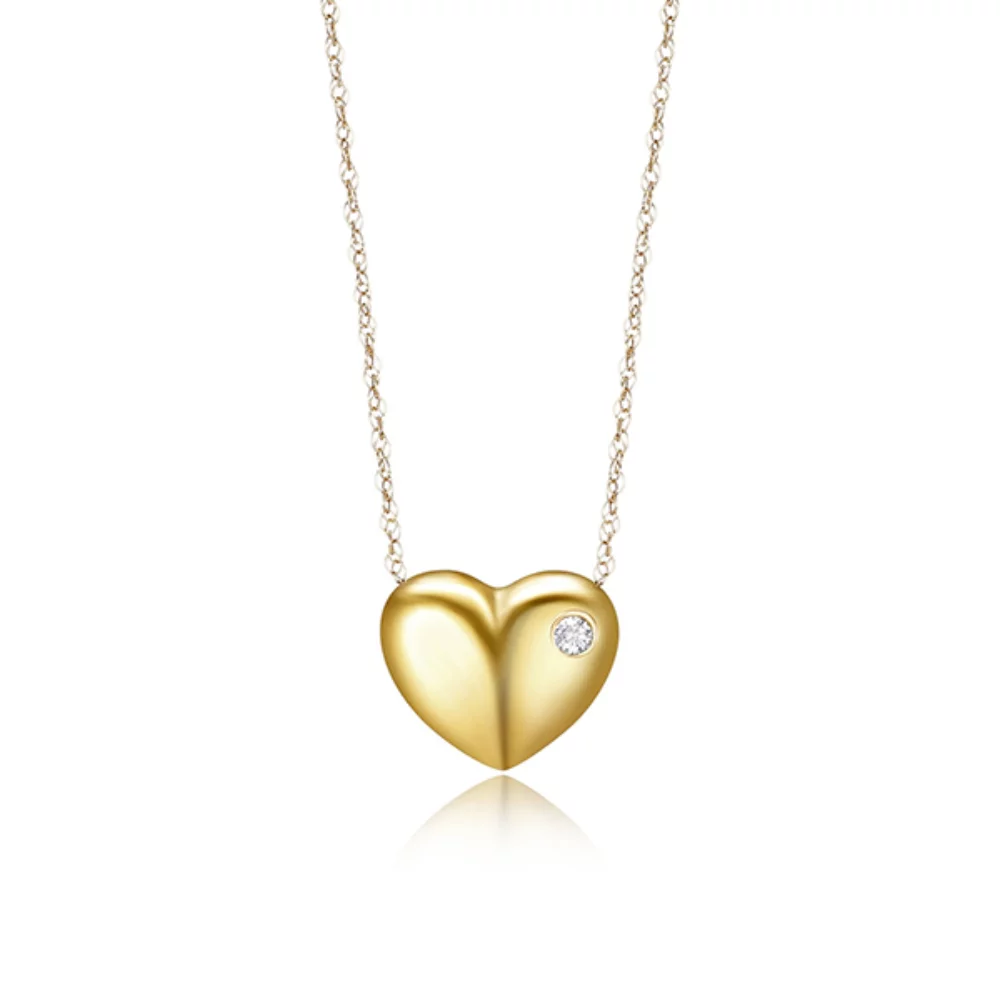 10K Gold Puffy Heart Necklace with Diamond - Gold