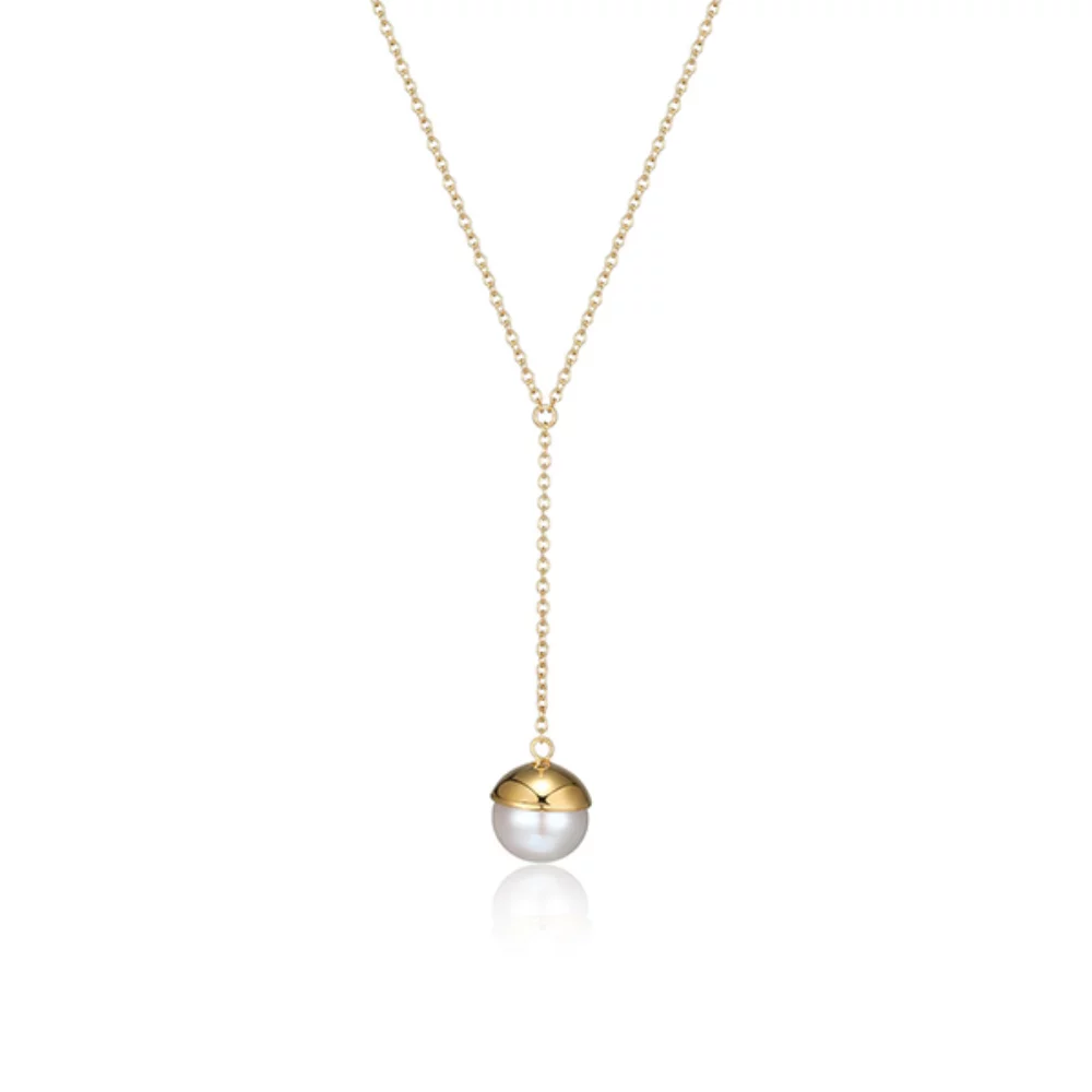 8mm Round Genuine Pearl Y-Necklace in Sterling Silver - Gold