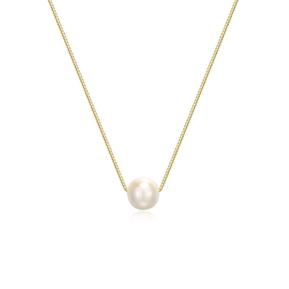 8mm Genuine Pearl Solitaire Box Chain Necklace - Gold