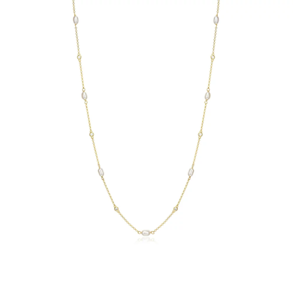 Diamondlite Cubic Zirconia and Genuine Pearl Adjustable Station Necklace - Gold