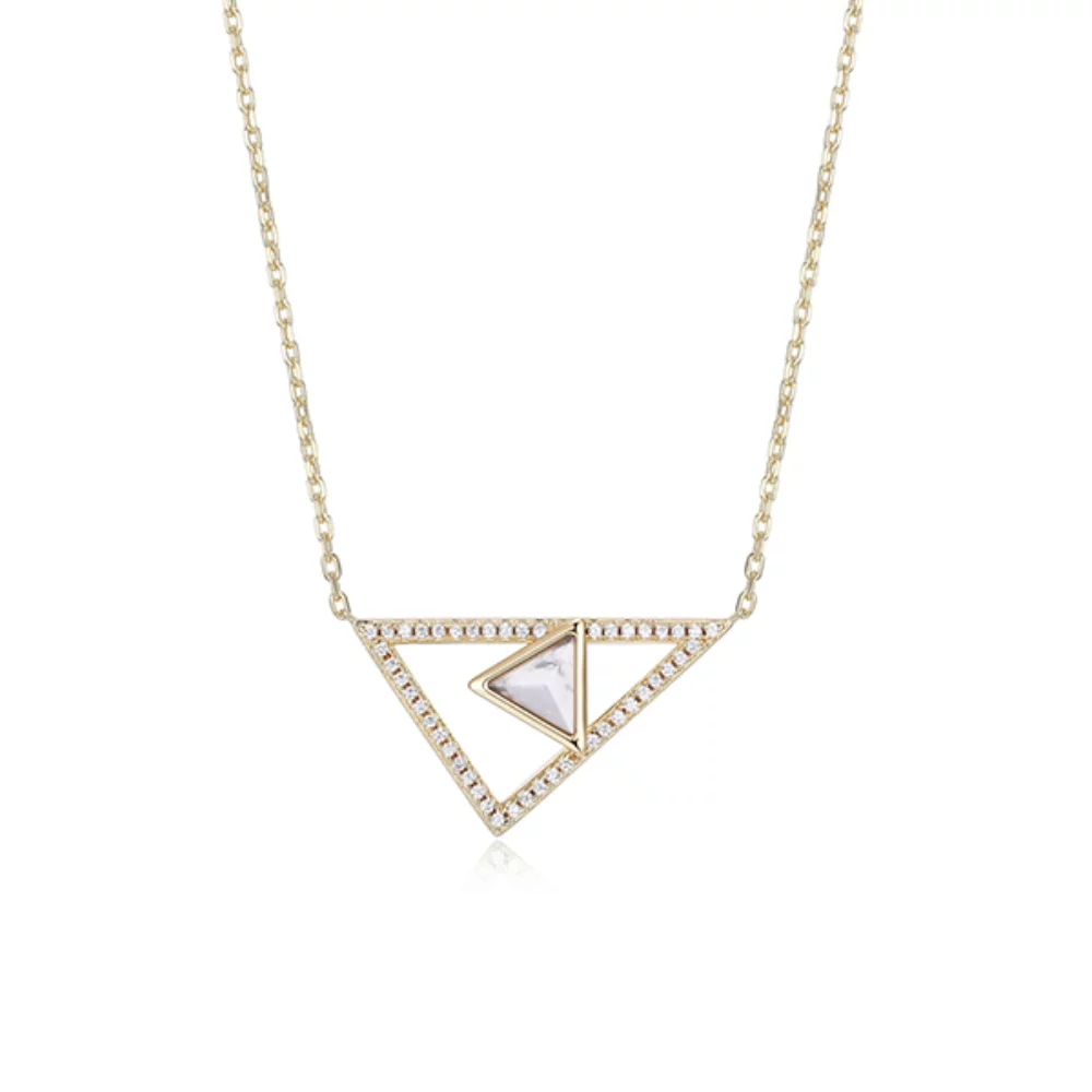 ELLE "Spatial" Sterling Silver Howlite and Pave Cubic Zirconia Triangle Necklace - Gold