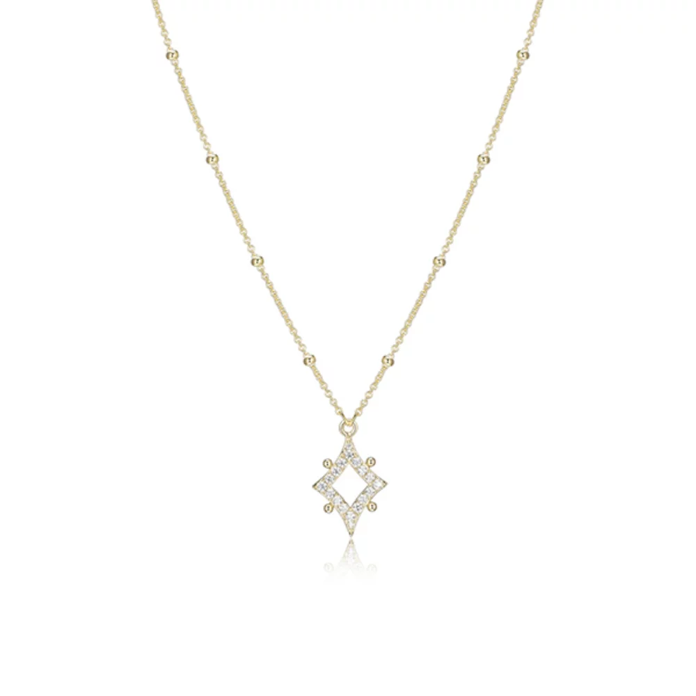 ELLE "Stellar" Sterling Silver Rhombus with Pave Cubic Zirconia Necklace with Bead Chain - Gold