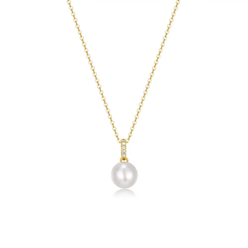 Diamondlite Cubic Zirconia 8.5mm Round Pearl Solitaire Necklace in Sterling Silver - Gold