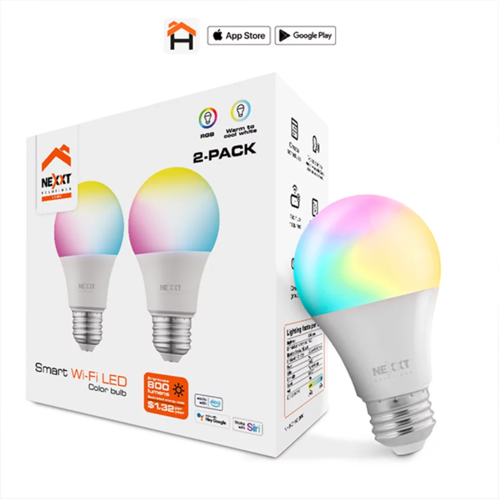 Nexxt Smart Home Indoor Wifi RGB & White LED Light Bulb (2 Pack) 100V