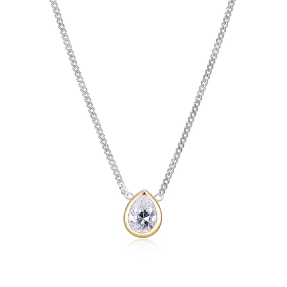 Diamondlite Cubic Zirconia Pear Bezel Solitaire Curb Chain Necklace - Silver and Gold