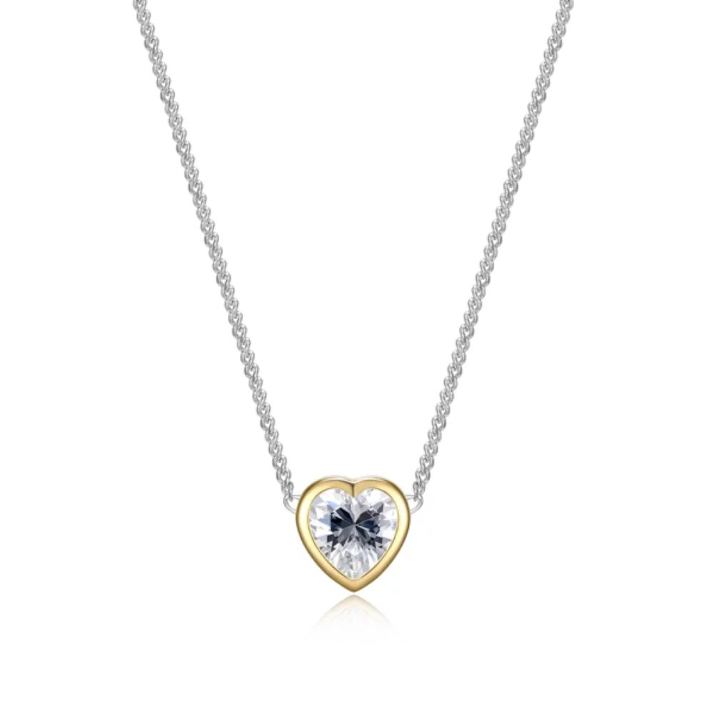 Diamondlite Cubic Zirconia Heart Bezel Solitaire Curb Chain Necklace - Silver and Gold