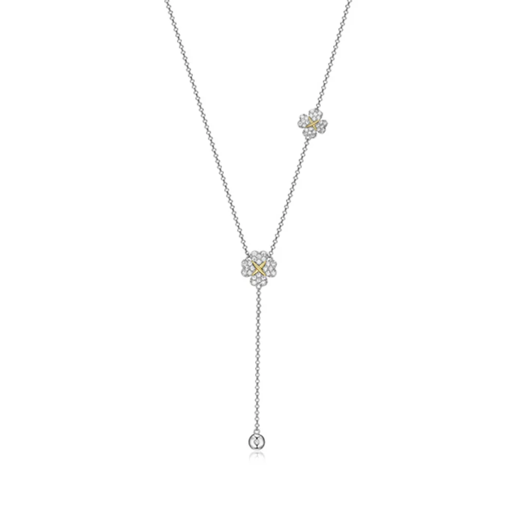 Diamondlite Cubic Zirconia Love and Kisses Clover Y- Necklace - Silver and Gold