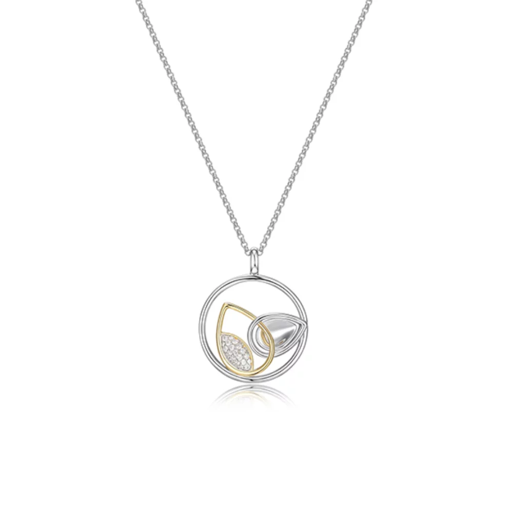 ELLE "Moon Shadow" Sterling Silver with Pave Cubic Zirconia Necklace - Silver and Gold