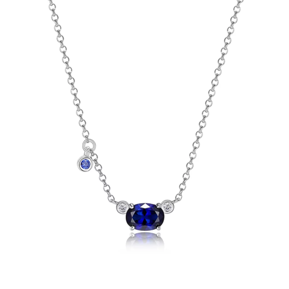 Collier "Blue Star" en argent sterling avec saphir créé ovale et diamant rond de laboratoire - Argent