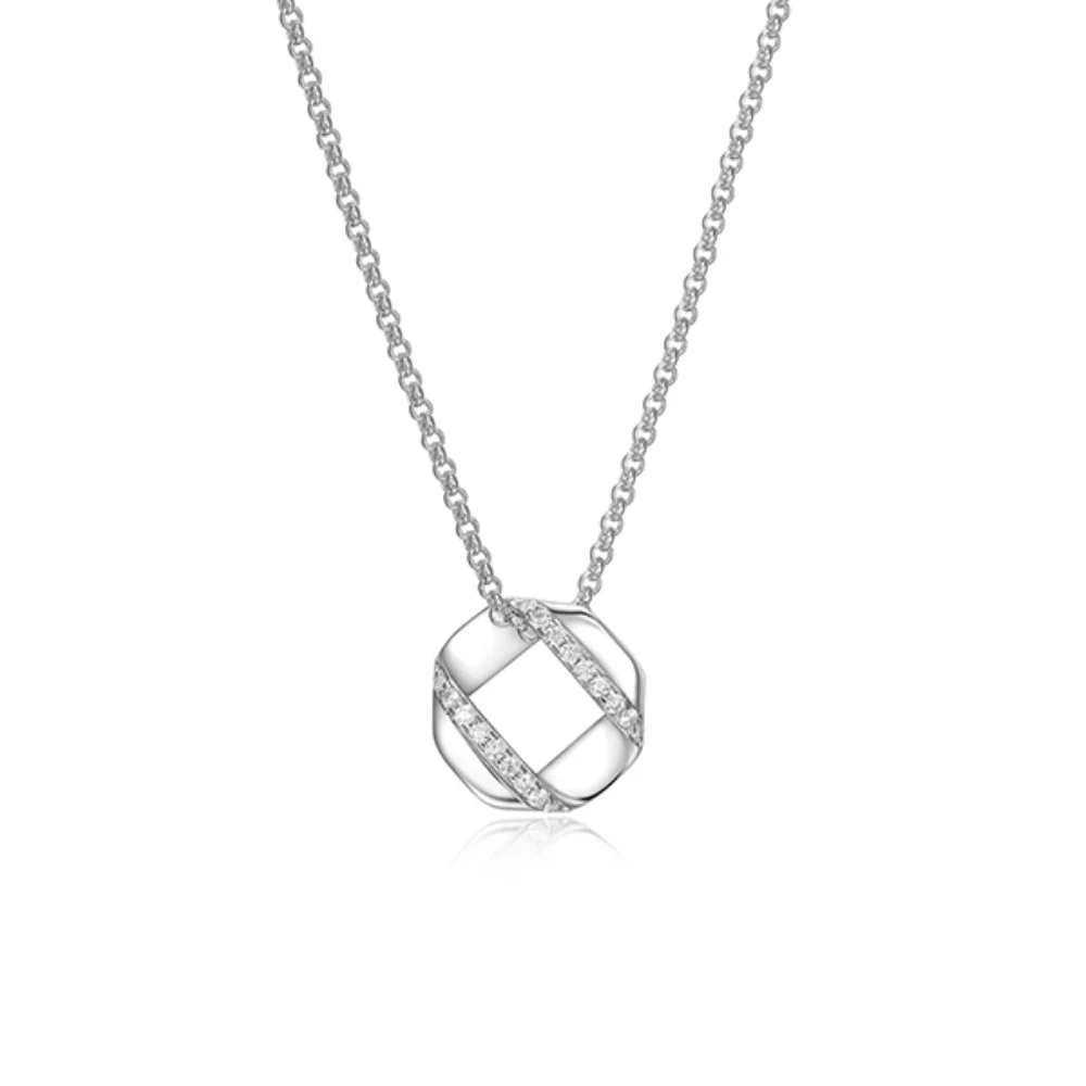 ELLE "Lattice" Sterling Silver Hexagon and Pave Cubic Zirconia Necklace - Silver