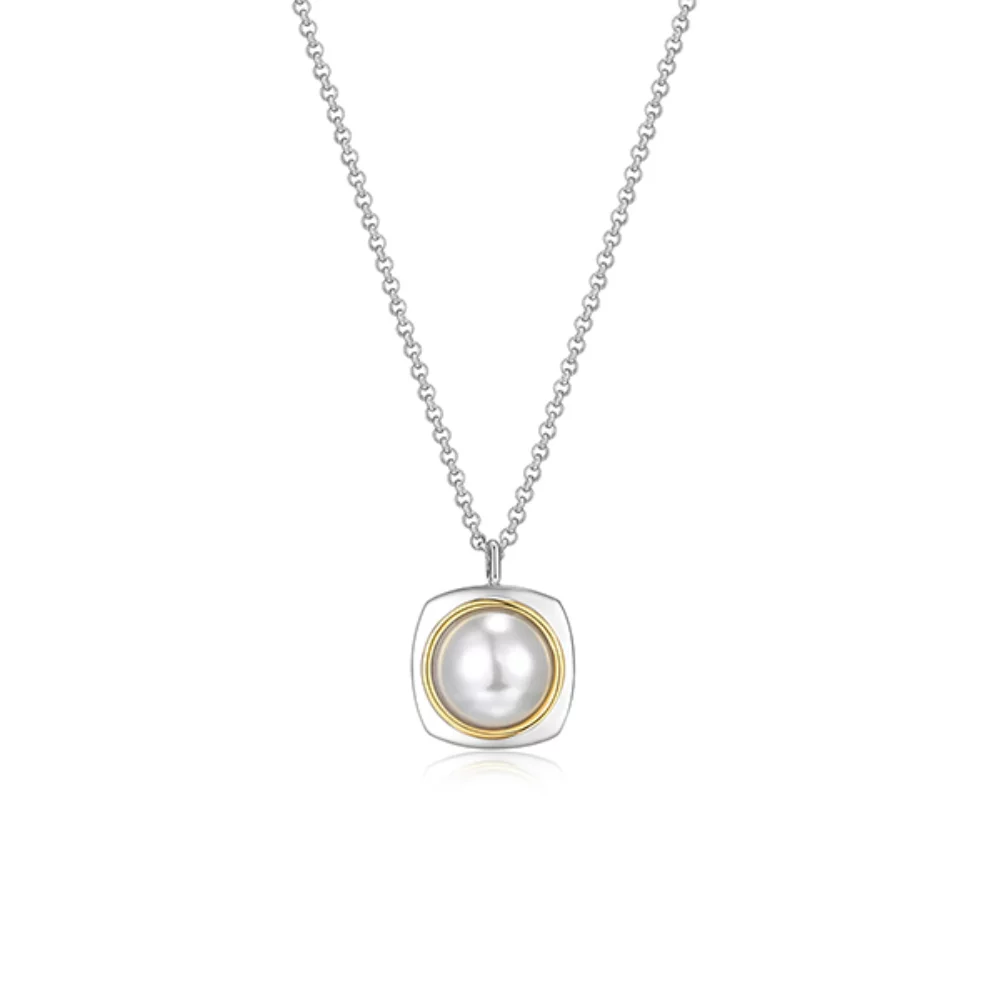 ELLE "Aureole" Sterling Silver 2-Tone Square Bezel with Pearl Necklace - Silver and Gold