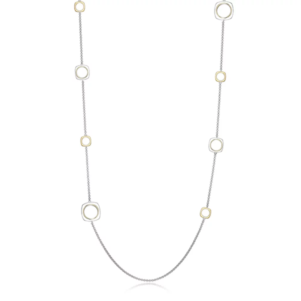 ELLE "Aureole" Sterling Silver 2-Tone Open Square Link Station Long Necklace - Silver and Gold