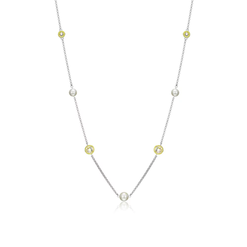 ELLE "Majestic" Sterling Silver with Pearl and Cubic Zirconia Station Necklace - Gold and Silver
