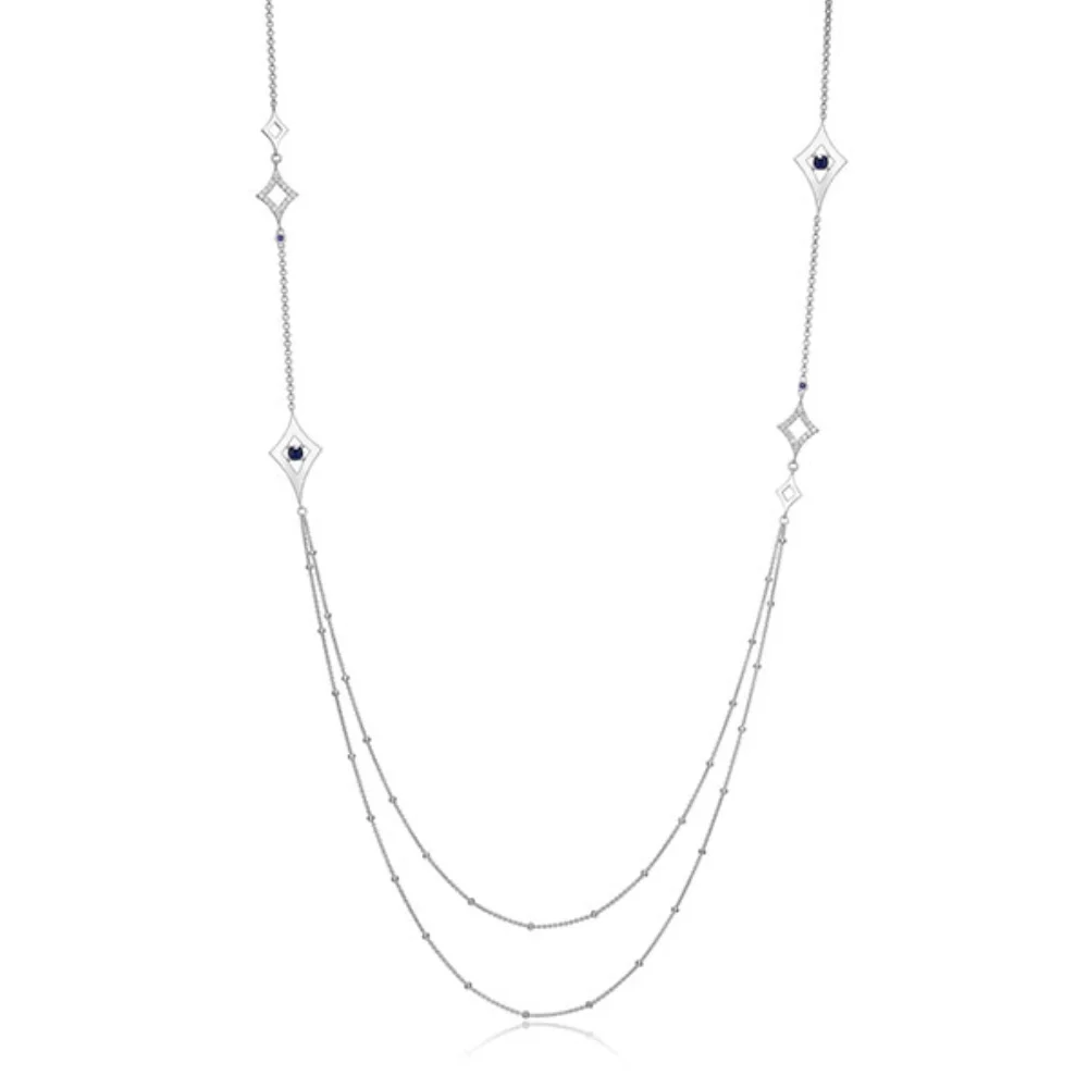 Collier long à double rangée "Stellar" avec saphir - argent