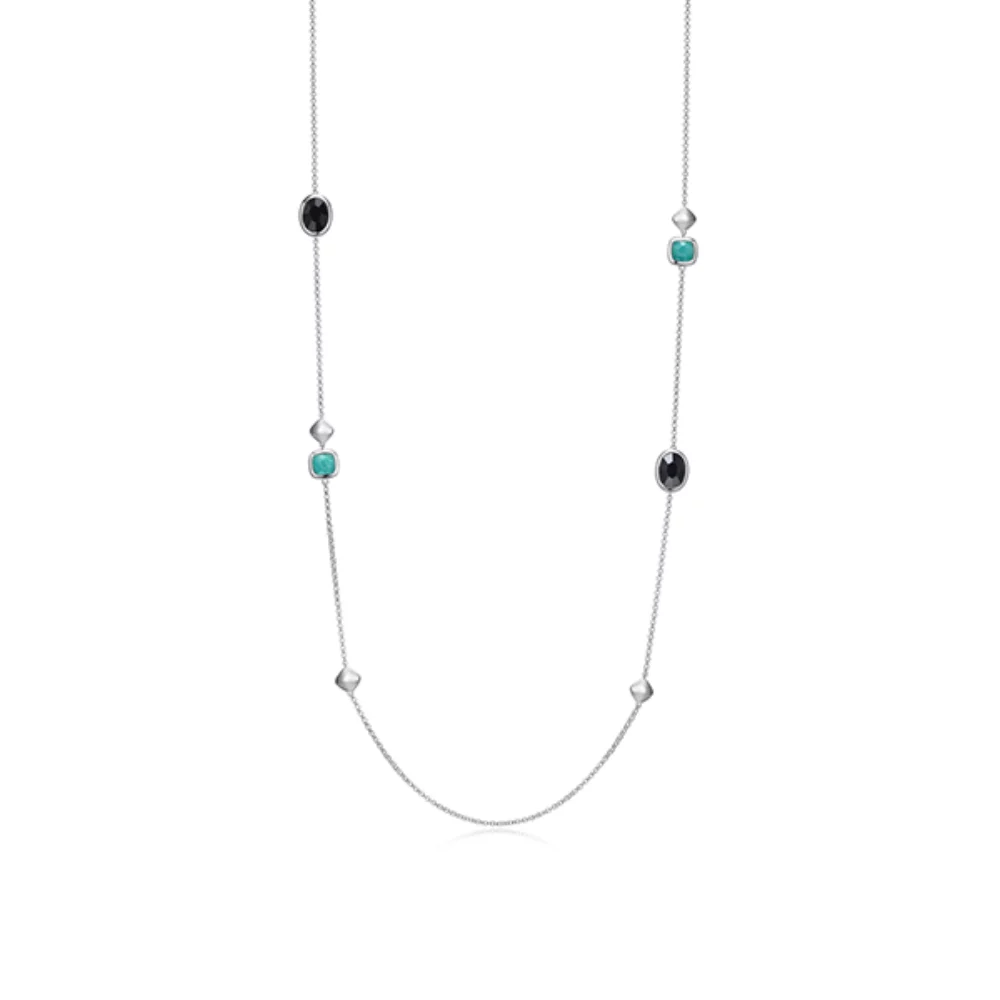 Collier long avec pendentif "Mirage" en amazonite taillée en coussin et en hématite ovale - Argent