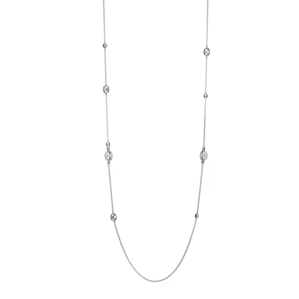 ELLE "Espion" Sterling Silver with Pave Cubic Zirconia and Bead Station Long Necklace - Silver