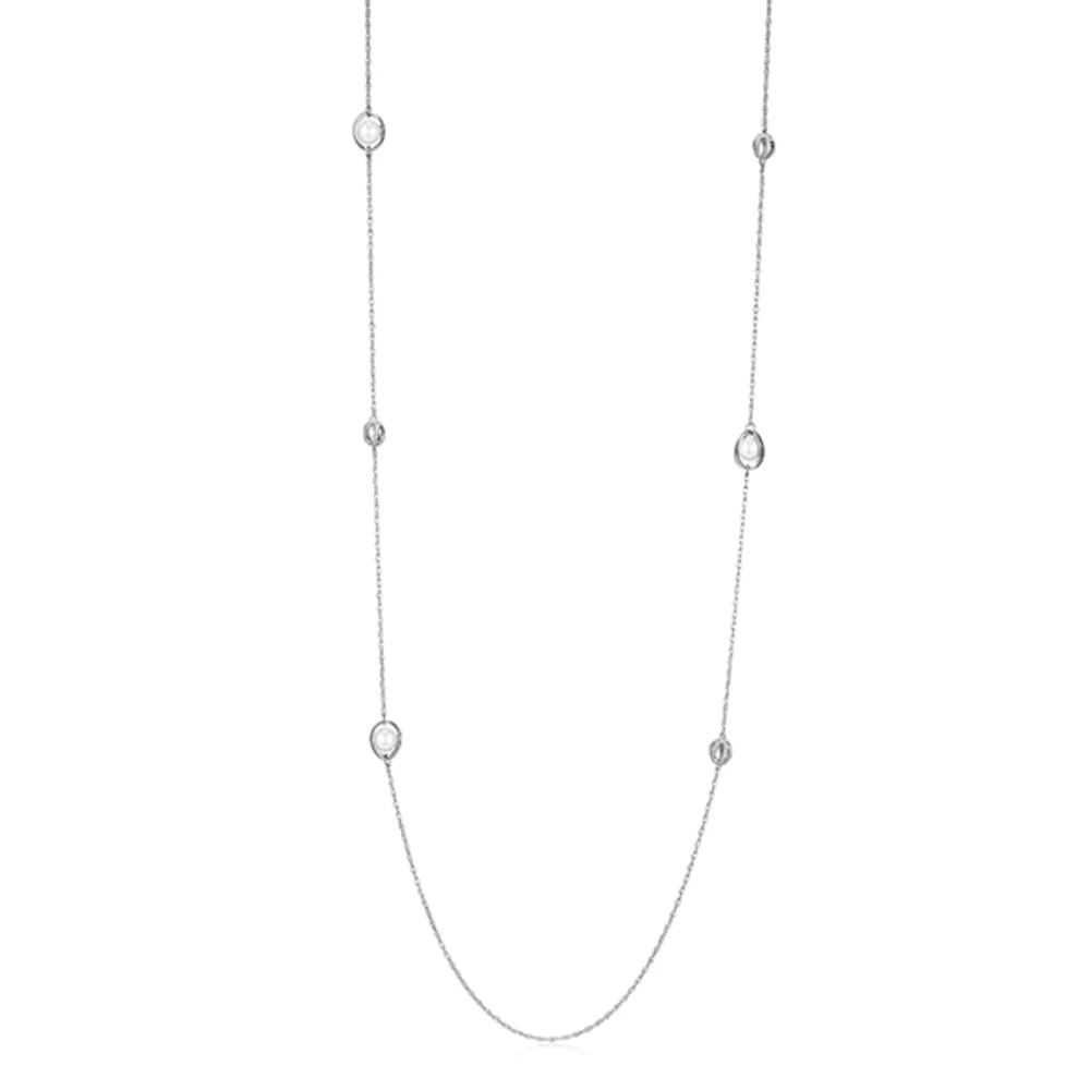 COLLIER LONG "Luna" en argent sterling avec perle blanche et station de cage en zircone cubique - Argent