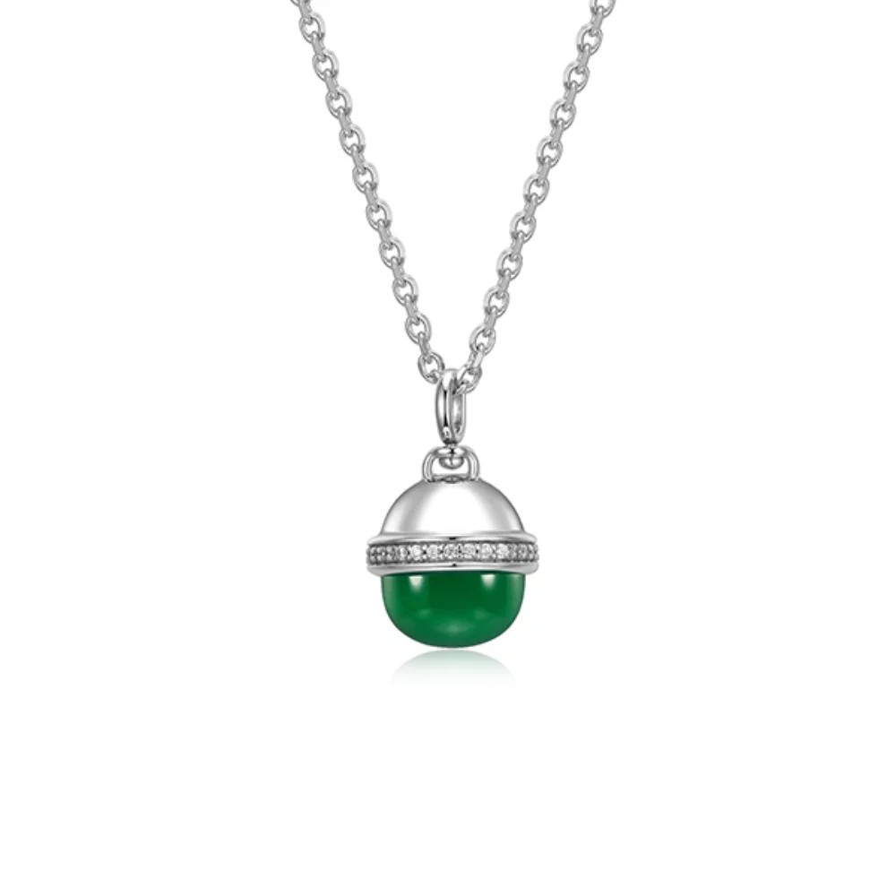 ELLE "Pivot" Genuine Light Green Agate & Round Cubic Zirconia Pendant Necklace - Silver