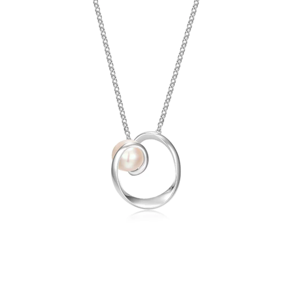 ELLE "Luna" Genuine White Pearl Circle Necklace - Silver
