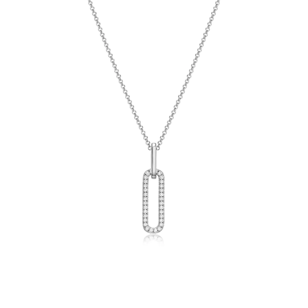 Charles Garnier Sterling Silver "Paperclip" Oval Link Pendant with CZ Necklace - Silver