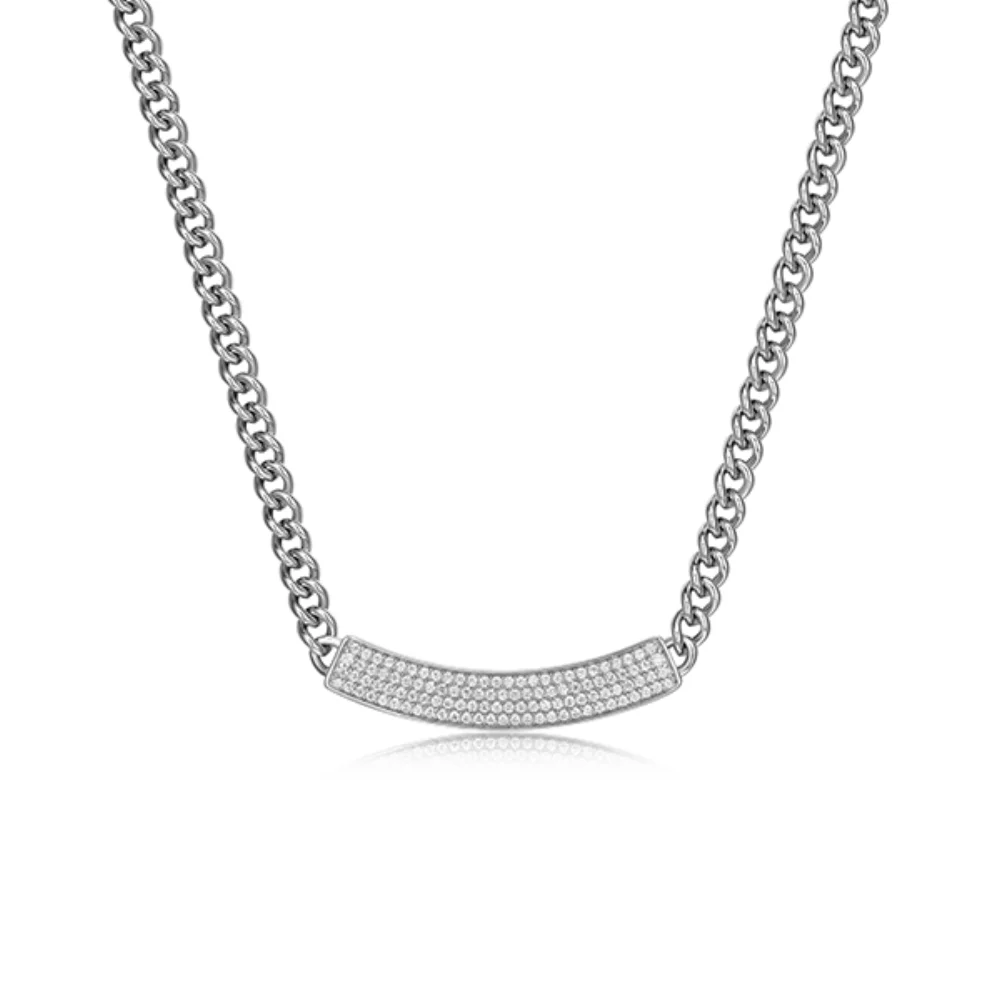 Charles Garnier Sterling Silver "Cuban Link" Curb Chain Link with Diamondlite Bar Necklace - Silver