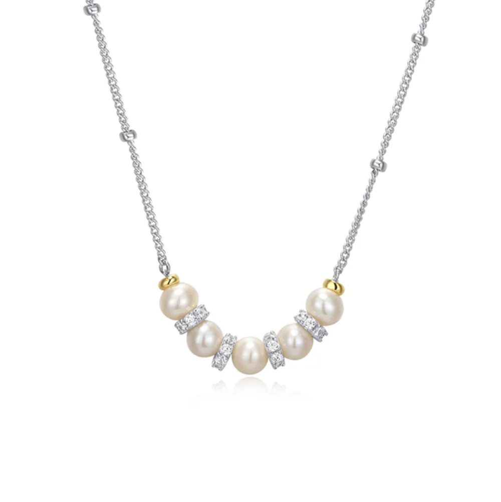 Collier Charles Garnier en argent sterling "New Mesh" avec véritable perle et zircon cubique - argent et or