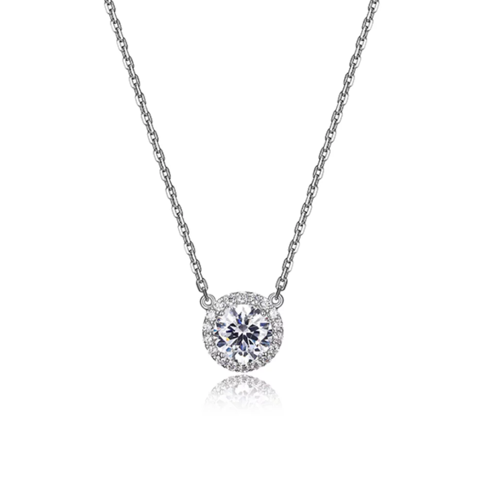 Diamondlite Cubic Zirconia 6.5mm Round Halo Necklace - Silver
