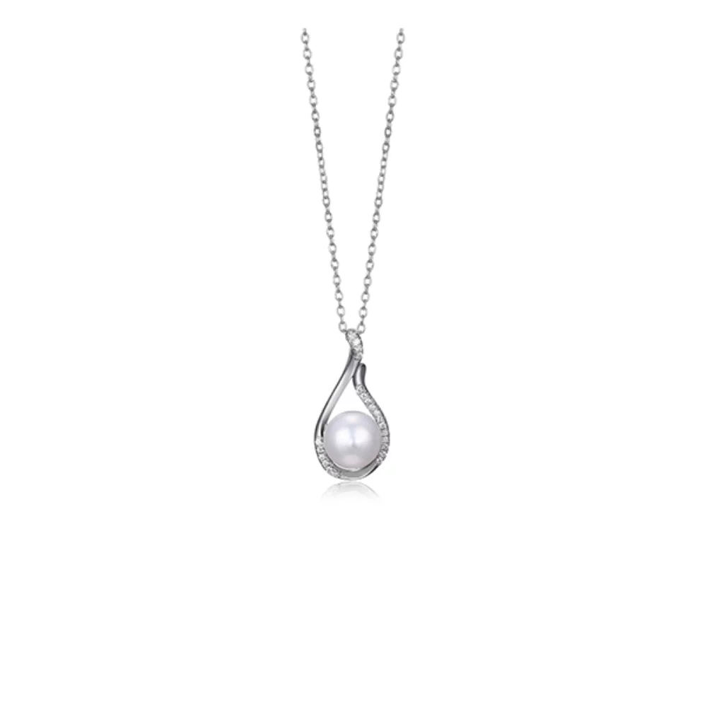 Diamondlite Cubic Zirconia 8.5mm Genuine Pearl Teardrop Necklace - Silver