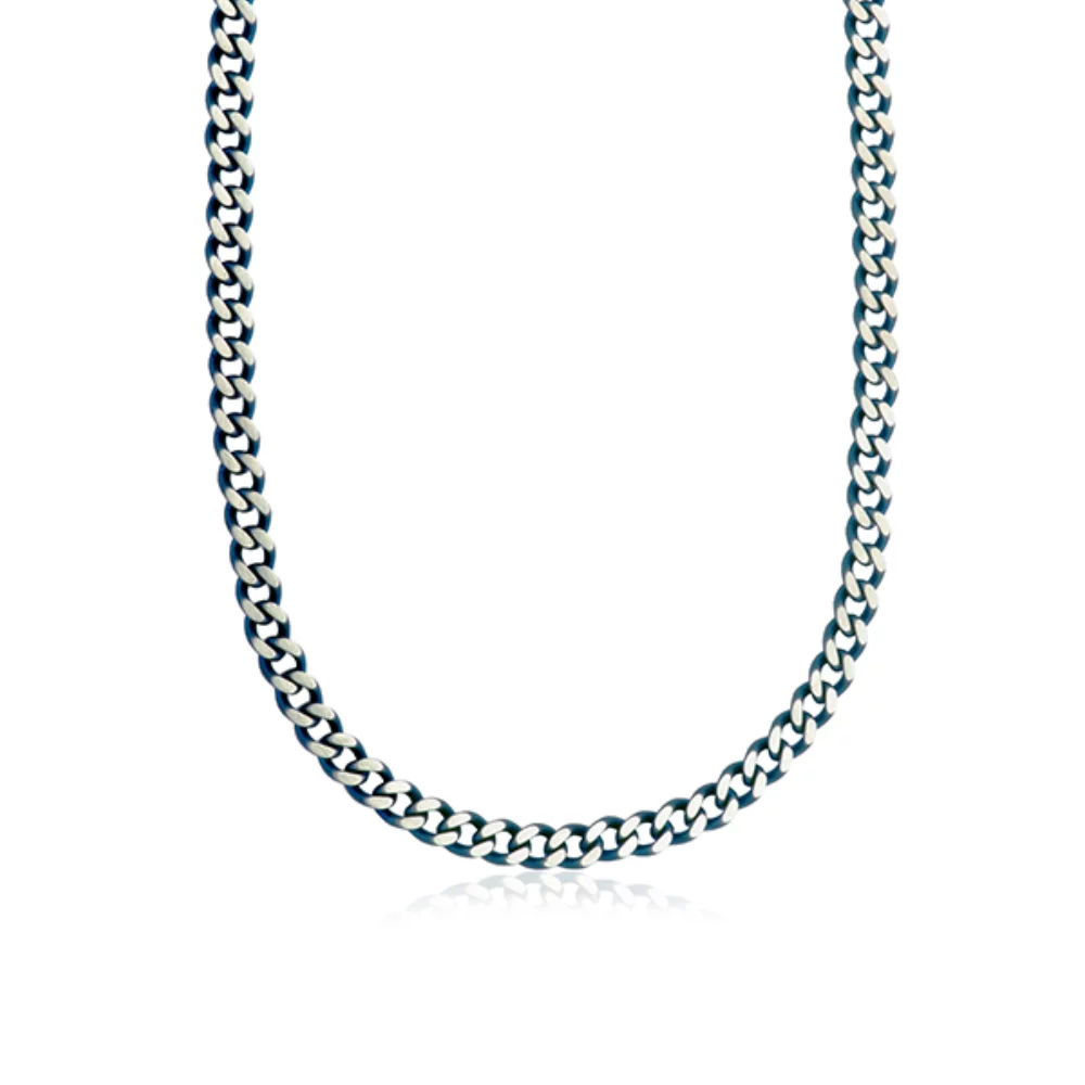 STEELX 7.5mm Two-Tone Fancy Curb Chain Necklace - Blue and Gunmetal