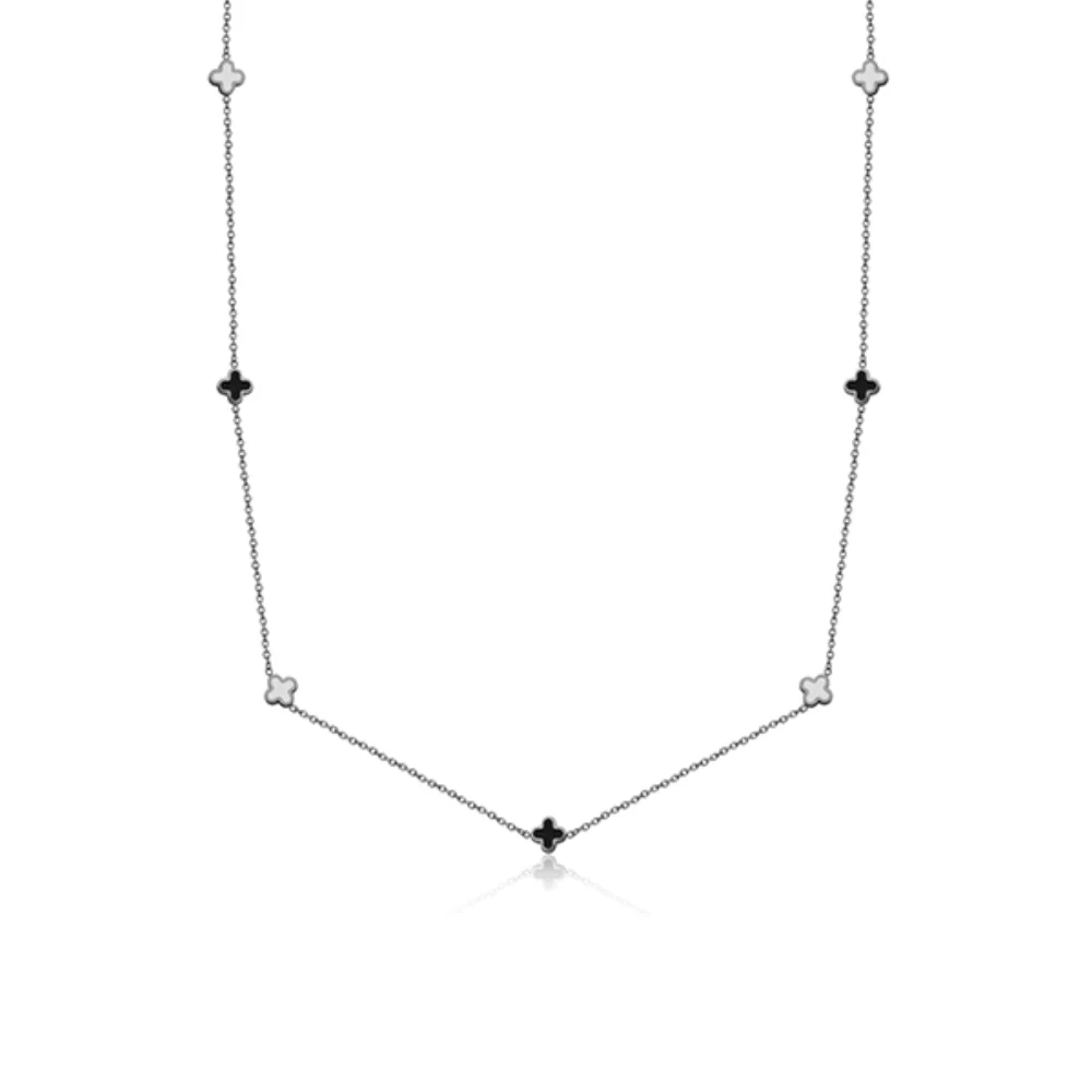 CJ Steelx Clover Station Stainless Steel Necklaces with Black and White Enamel -35"