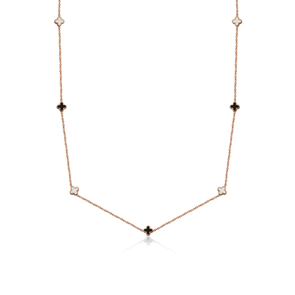 CJ Steelx IP Rose Clover Station Stainless Steel Necklaces with Black and White Enamel