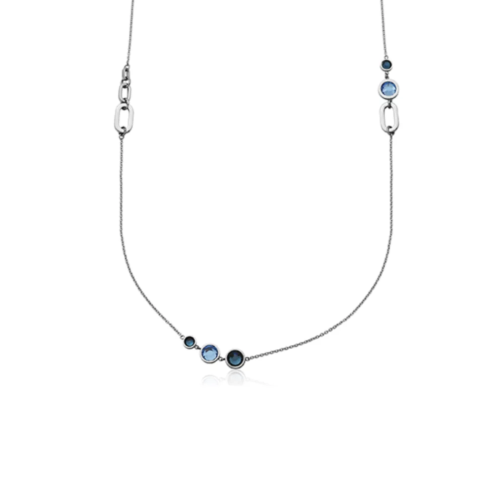 CJ Steelx Blue Crystal Link Station Stainless Steel Necklaces