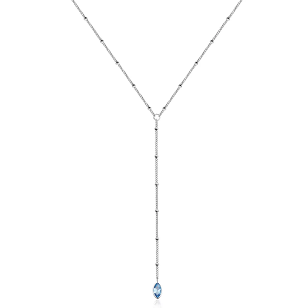 CJ Steelx Lariat Beaded Necklace with Marquise Blue Stone - Silver