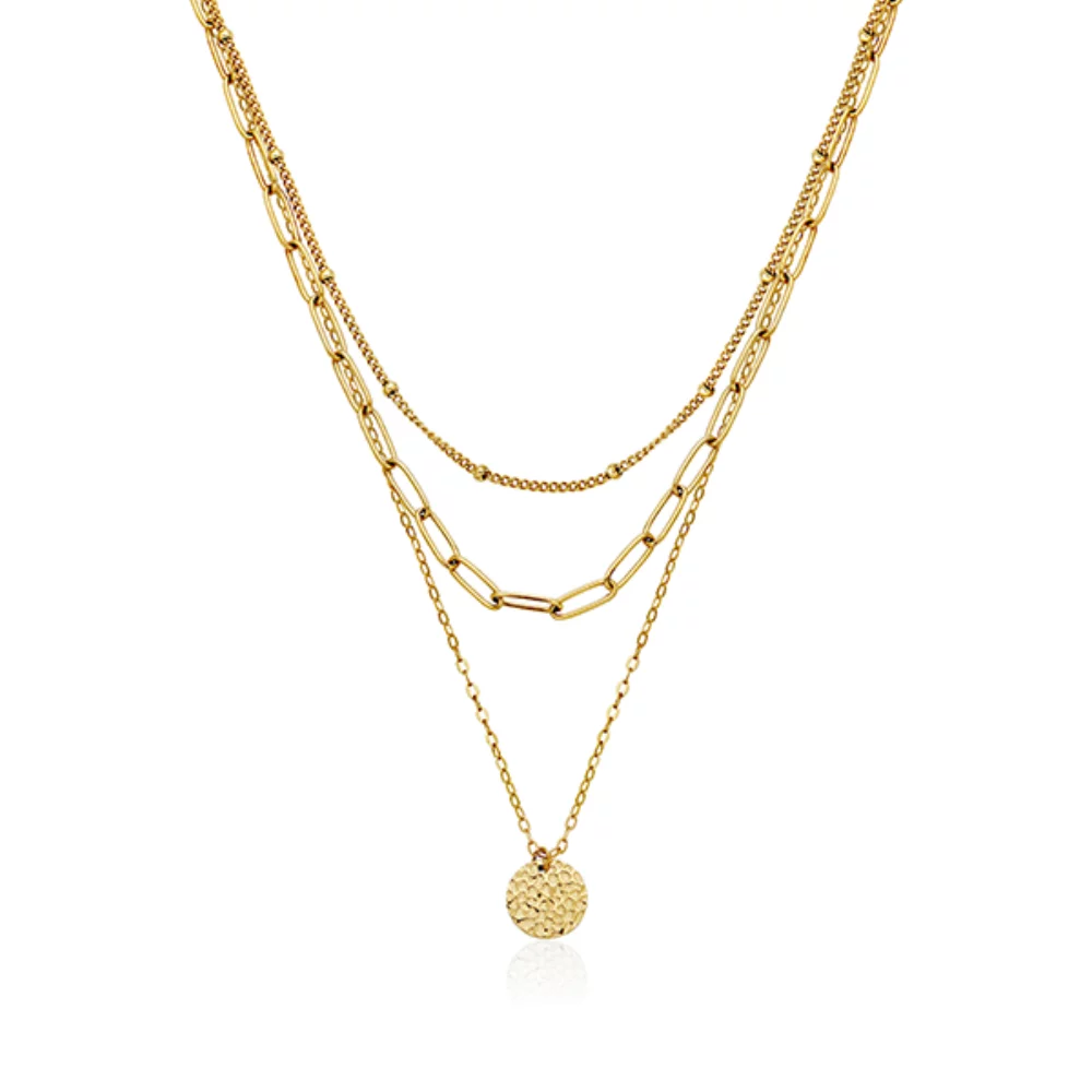 Collier à disque en 3 couches CJ Steelx - Or