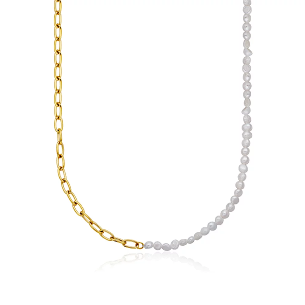 CJ Steelx Freshwater Pearl and Link Chain Necklace - Gold