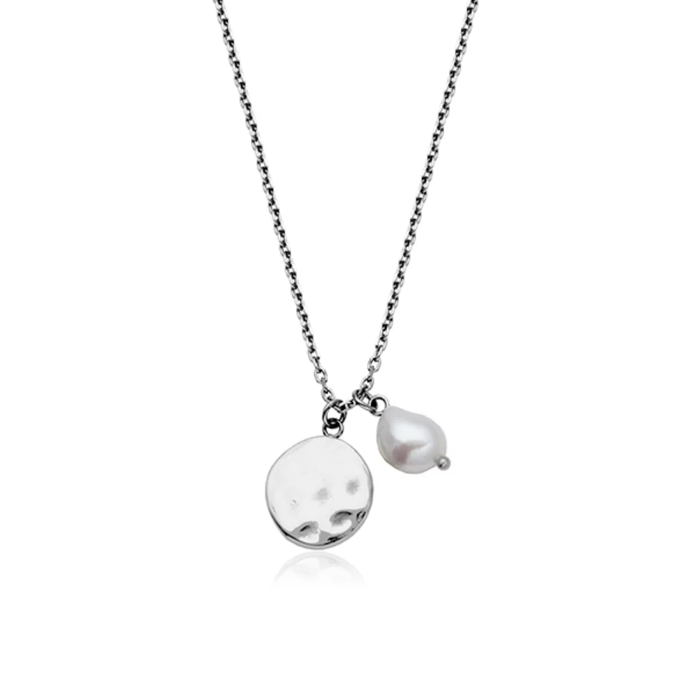 CJ Steelx Freshwater Pearl and Oval Disc Necklace - Silver