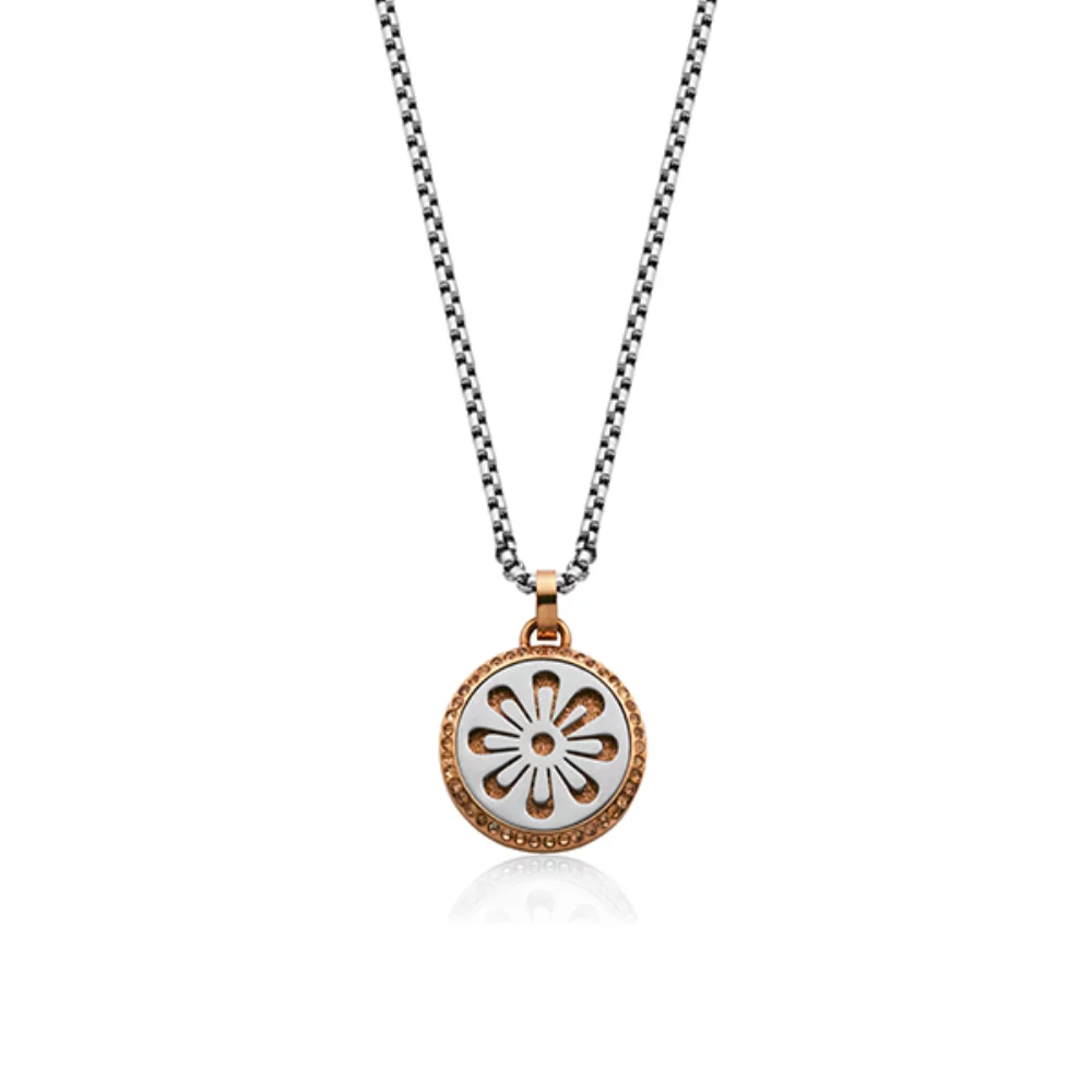 CJ Steelx Two-Tone Glittered Flower Pendant - Silver and Rose Gold