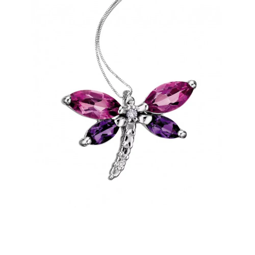 Pink Topaz and Amethyst Butterfly Pendant in 10K White Gold