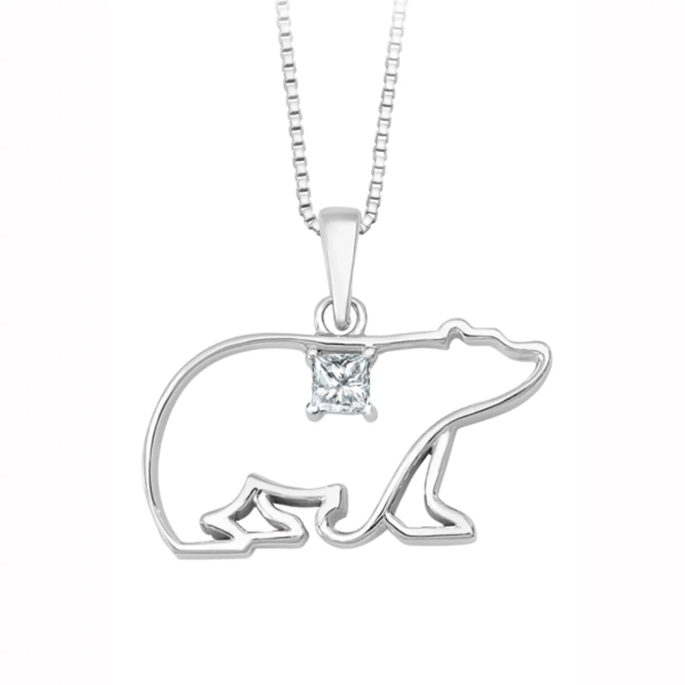 Pendentif Ours Polaire en Diamant Canadien Solitaire en Argent Sterling (0,08 CT).