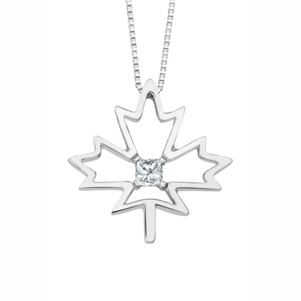 Pendentif solitaire Feuille d'érable en diamant canadien en argent sterling (0,08 CT).