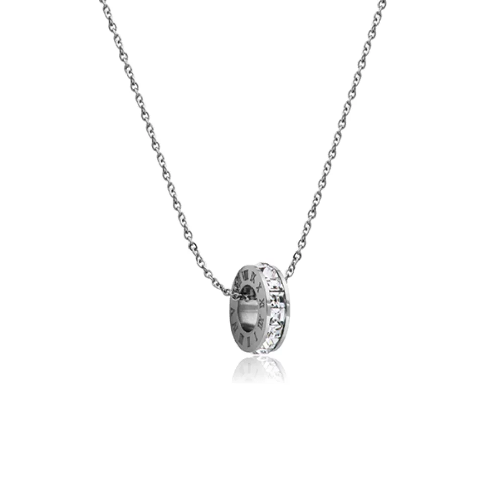 CJ Steelx Round Crystal Pendant with Roman Numeral Detail