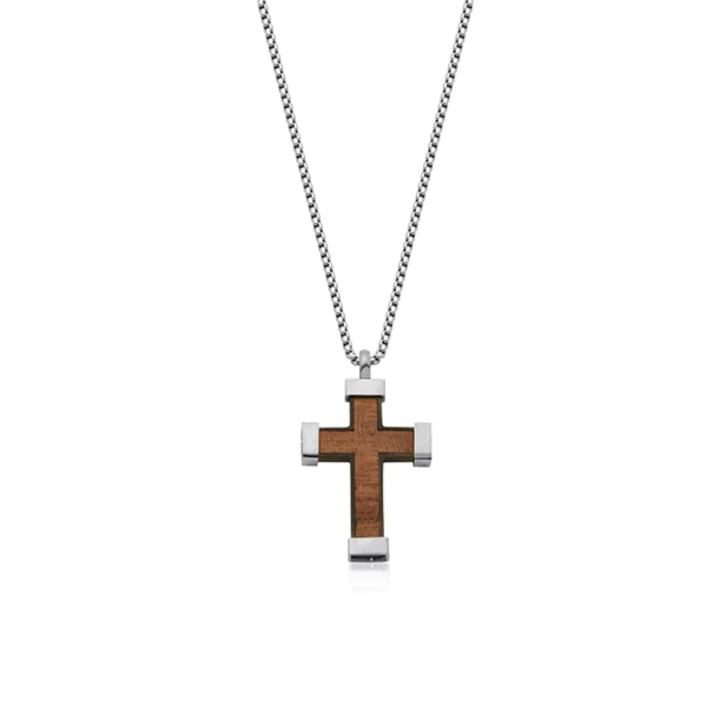CJ Steelx Wood Cross Pendant - Silver