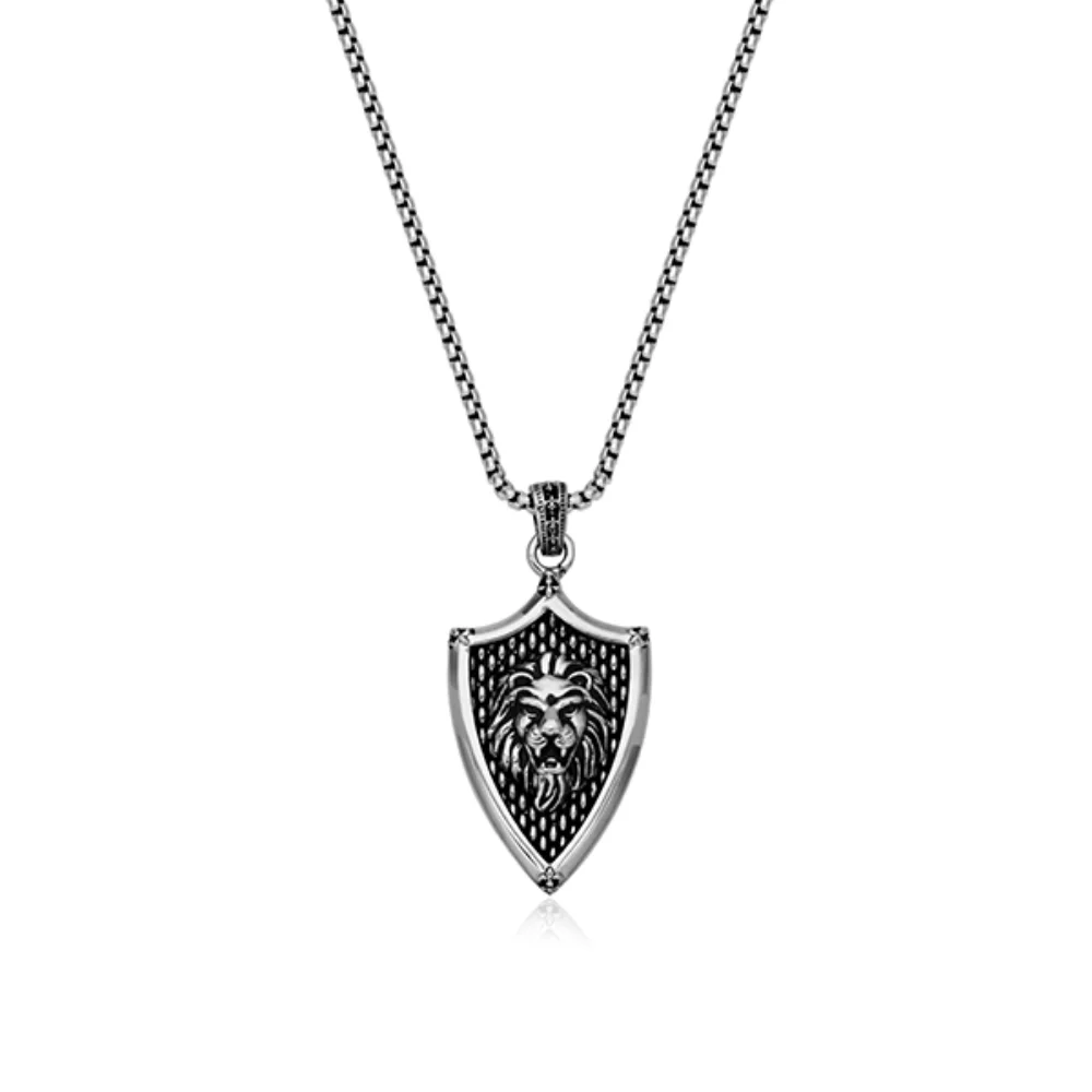 CJ STEELX Lion Shield Pendant - Silver and Black