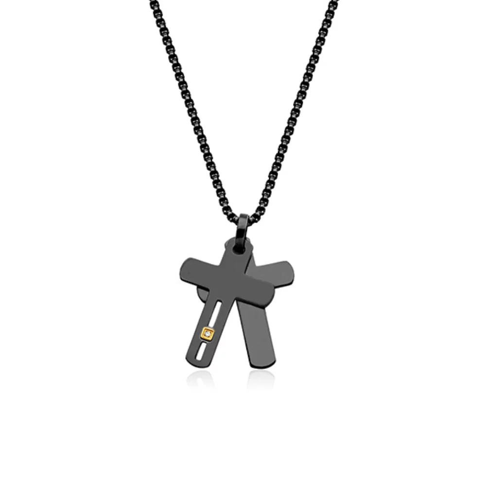 CJ STEELX Black and Gold with White Cubic Zirconia Double Cross Pendant - Black