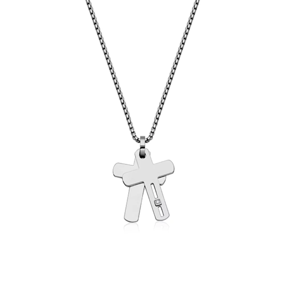 Pendentif double croix en zircone cubique blanche CJ STEELX - argent