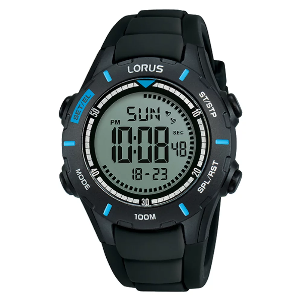 Montre de sport unisexe à chronographe numérique Lorus R2367M - Noir et bleu