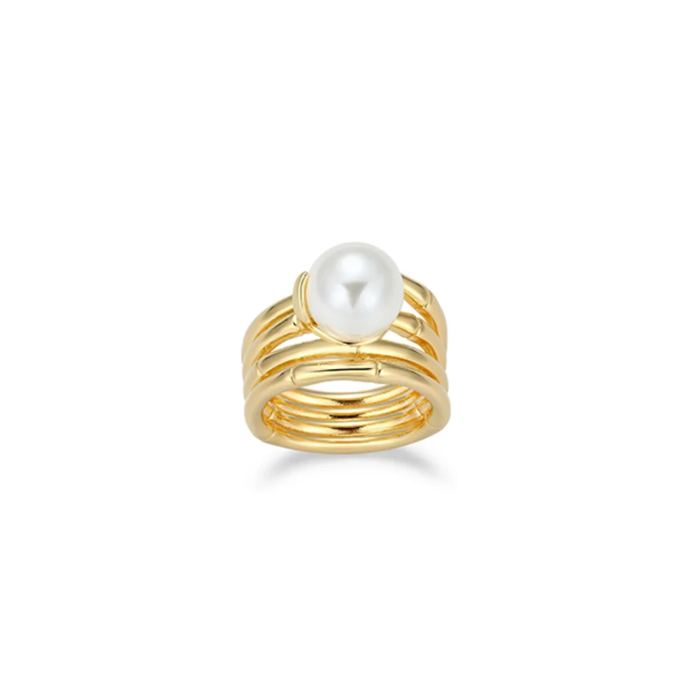 Bague en bambou chanceux de 10 mm avec perle en coquillage - Or - Taille 7